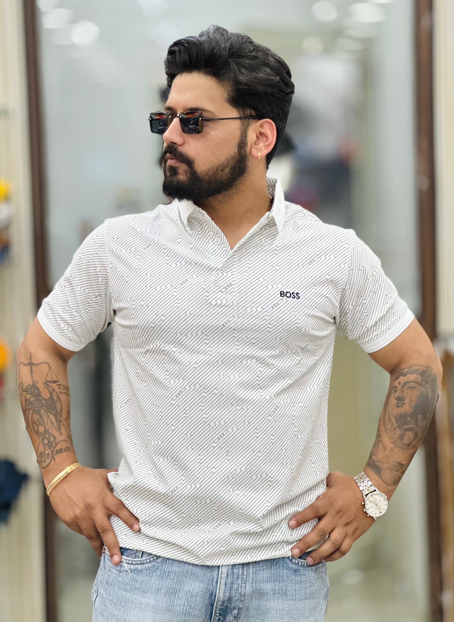 Premium collar tee Self print Cotton lycra fabric