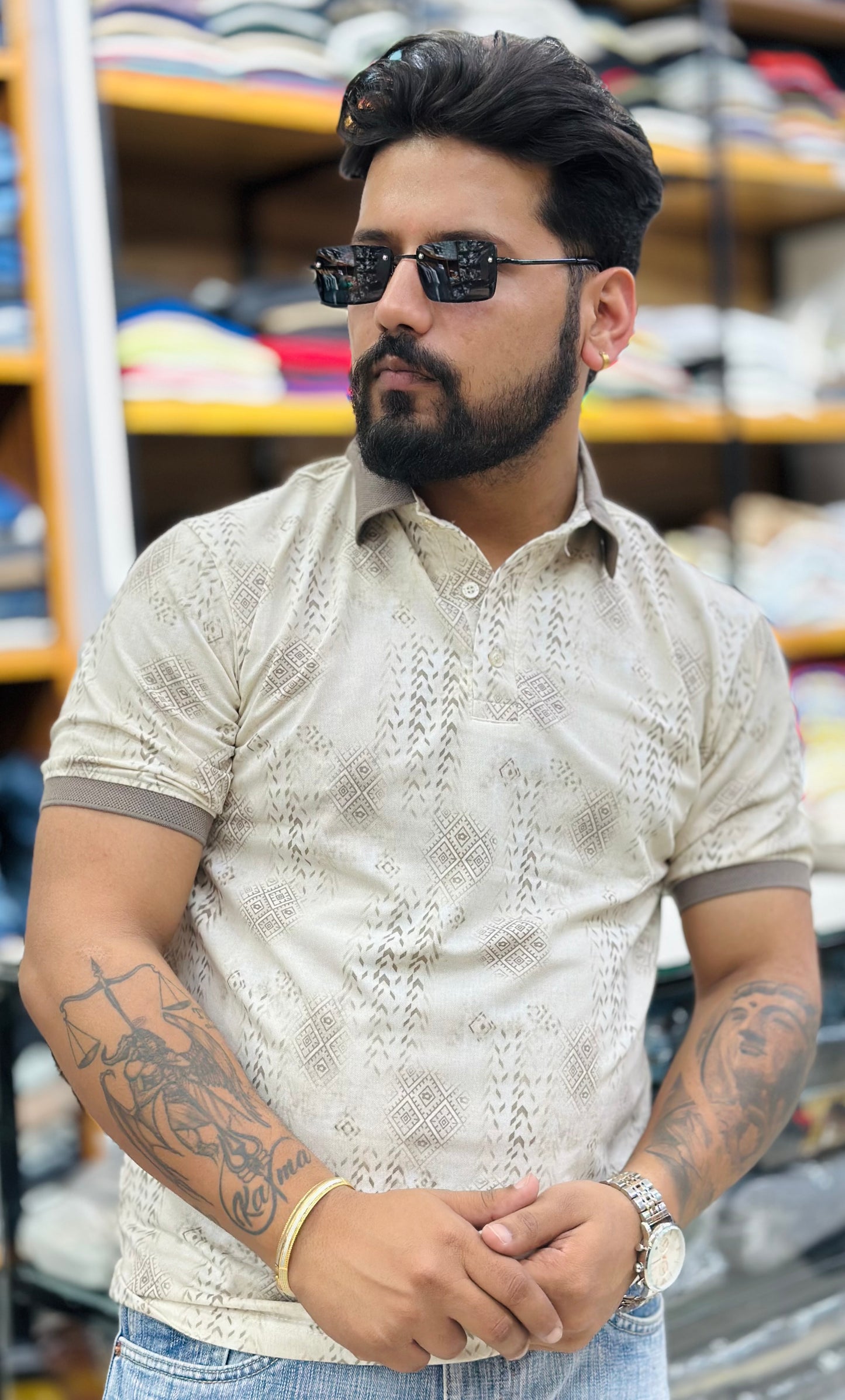 Premium collar tee Self print Cotton lycra fabric