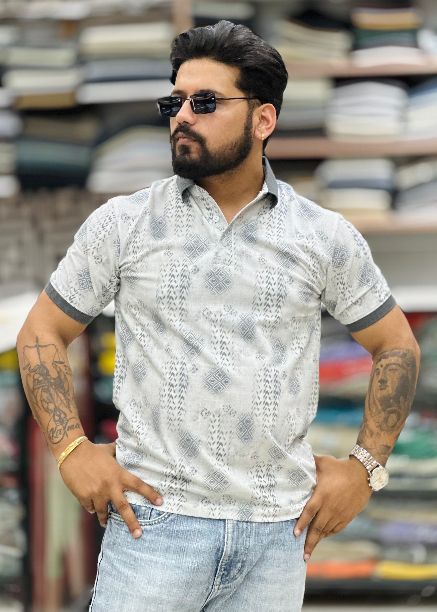Premium collar tee Self print Cotton lycra fabric