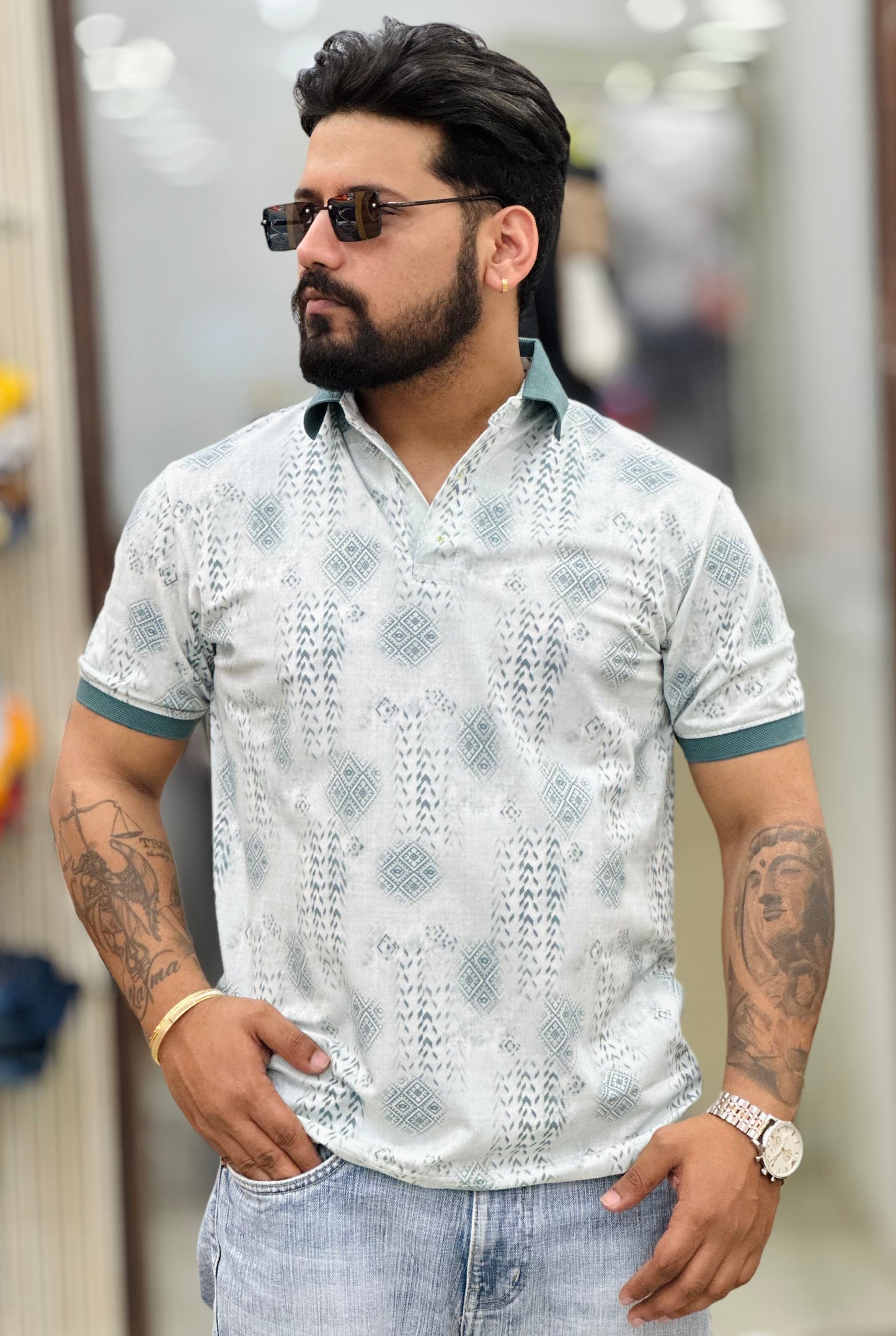 Premium collar tee Self print Cotton lycra fabric